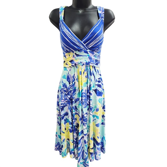 Lilly Pulitzer Dresses & Skirts - Lilly Pulitzer XS Blue White Striped Floral Tropical V-Neck Cross Back Dress
